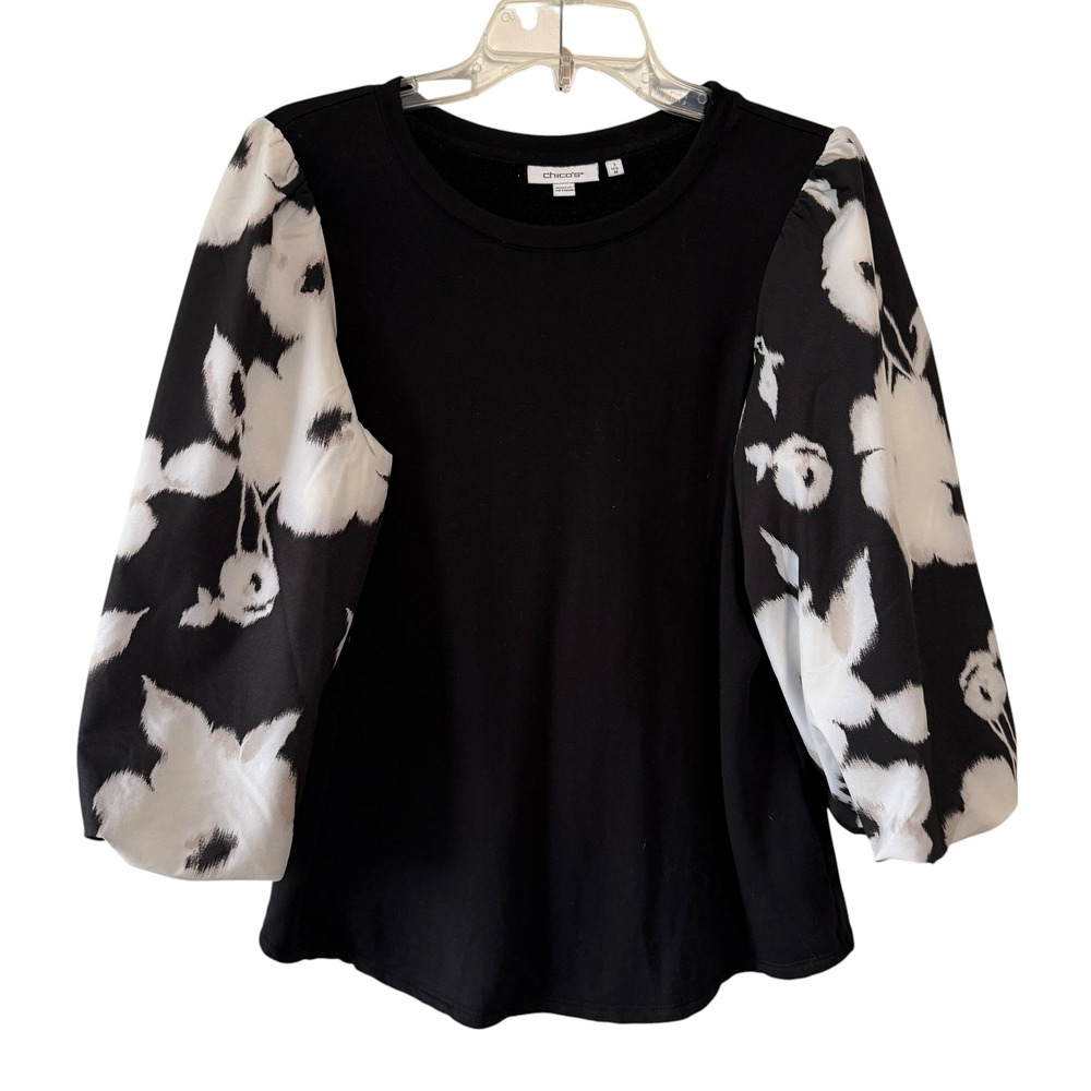 Chico's Black Top Statement Balloon Sleeve Blouse Floral Print Mixed Media Sz 8 - Picture 2 of 8